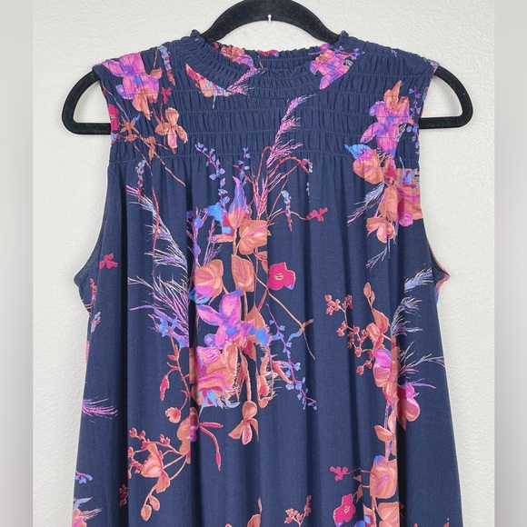 A New Day Women's Medium Floral Navy Sleeveless Maxi Dress Smocked Mock Neck - Picture 2 of 16
